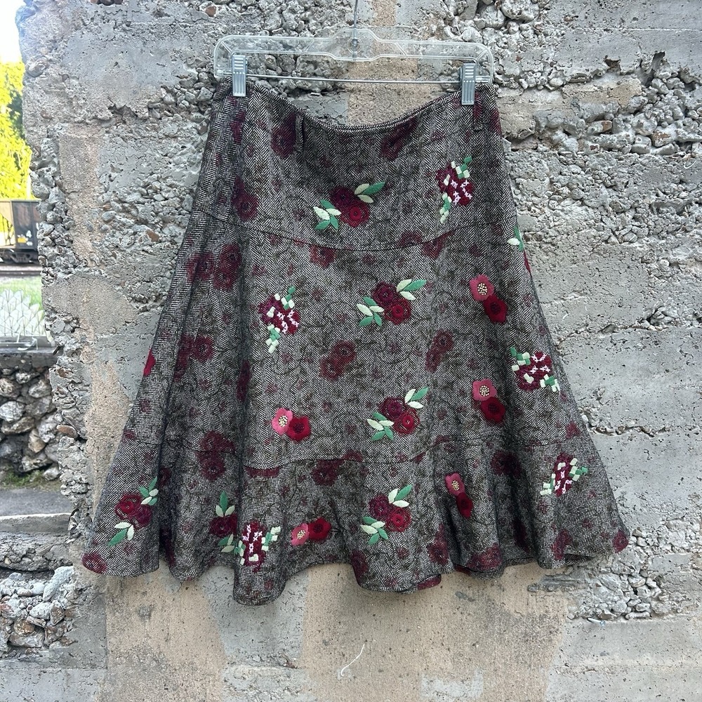 Weekend Max Mara Knit Wool Silk Embroidered Floral A-Line Skirt Women's Brown 8